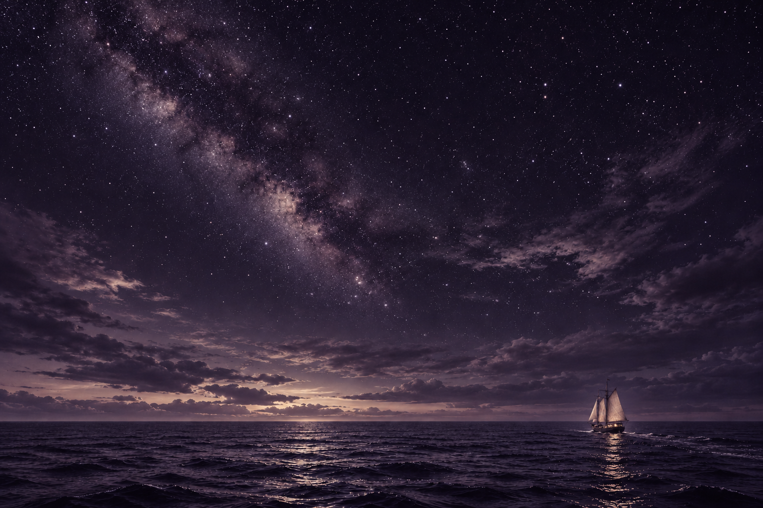 Um pequeno navio de madeira navega ao longe sobre o mar, sob um céu estrelado em tons de violeta.